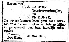 Announcement marriage Hendrik Jan Kastein and Cornelia Johanna Elisabeth de Monye.