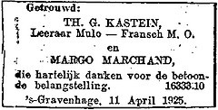 Announcement marriage Theodoor Gerhard Kastein and Margaretha Charlotte Barnardine Marchand