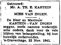 Announcement marriage A.Th.E. Kastein and Mies van Ingen