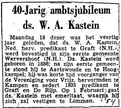 Newspaper article about the 40th anniversary of W.A. Kastein as a minister.