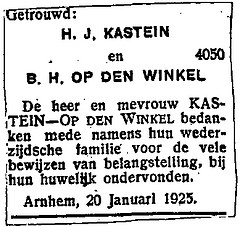 Announcement marriage H.J. Kastein and B.E. Op den Winkel