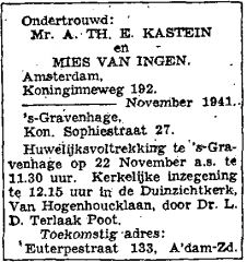 Announcement marriage banns A.Th.E. Kastein and Mies van Ingen